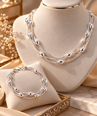 Conjunto de Collar y Pulsera Triple Plata