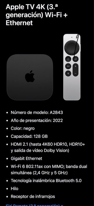 Apple TV 4K 128GB Wifi + Ethernet (3ª generación)