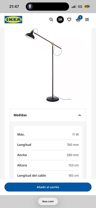Lámpara de pie IKEA RANARP Negra