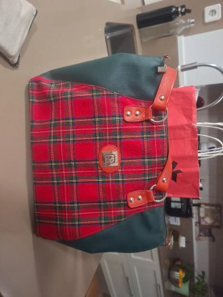 Bolso de mano cuadros escoceses y piel