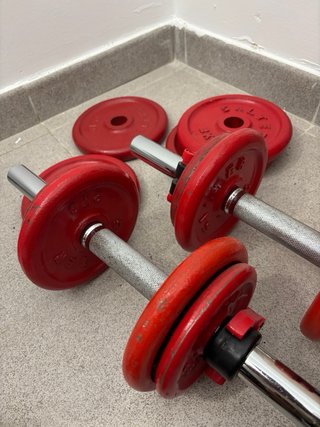 Mancuernas y discos perfectos. Peso total: 30kg