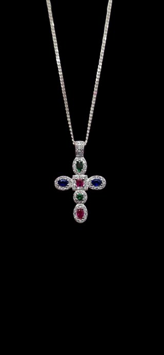 CRUZ DE PLATA CON CIRCONITAS DE COLOR