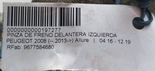 PINZA DE FRENO DELANTERA IZQUIERDA PEUGEOT 2008 (--.2013->) Allure