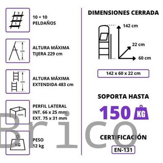 Escalera Telescópica Aluminio 5+5 Pestaña
