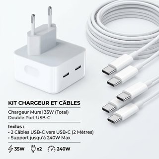 Cargador Doble USB-C 35W + 2 Cables USB-C