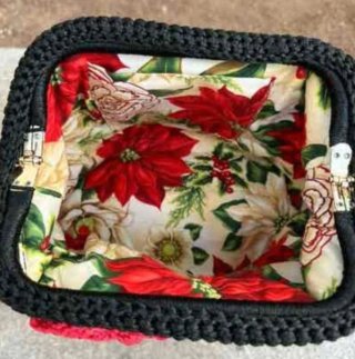 Bolso Clutch Negro Artesanal Flores Rojas