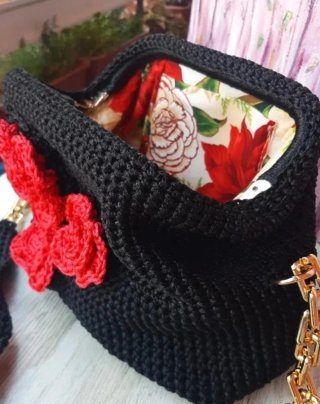 Bolso Clutch Negro Artesanal Flores Rojas