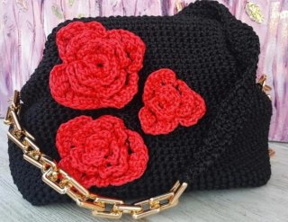Bolso Clutch Negro Artesanal Flores Rojas