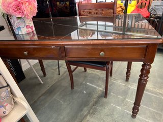 Escritorio madera vintage cristal 2 cajones