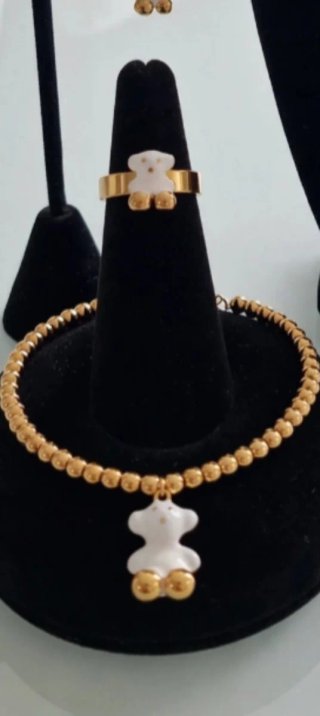 Conjunto Joyas tous Oso Dorado y Blanco, en acero.