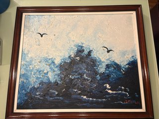 Cuadro al Óleo Paisaje Marino con marco de madera.