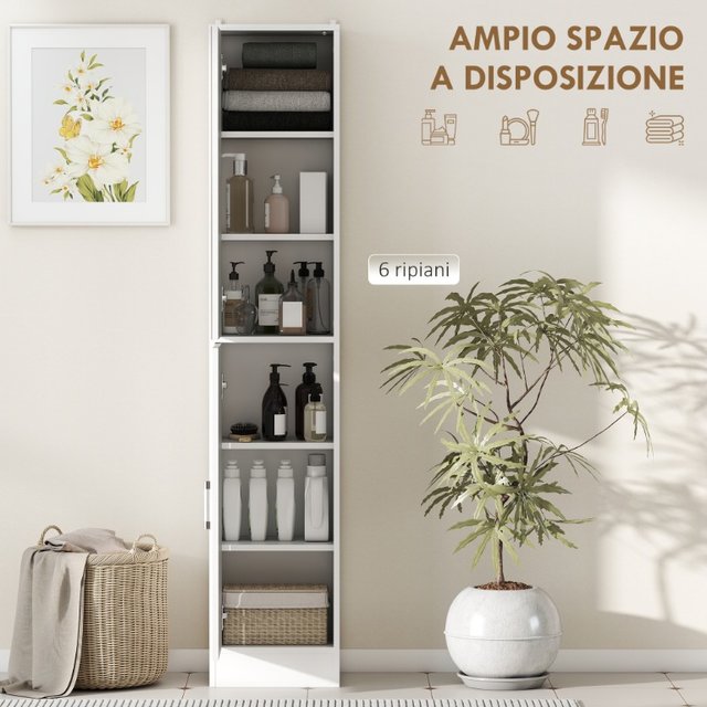Mobile Colonna Bagno in Legno a 5 Ripiani con Anta