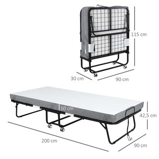 Cama Plegable 90x200 con Colchón 10cm y Ruedas