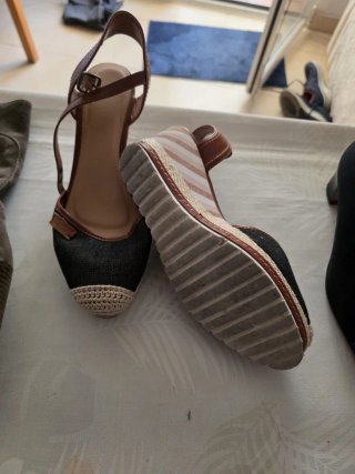 Sandalias cuña denim y esparto