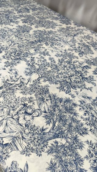 Retal de tela de loneta Toile de Jouy azul y crema