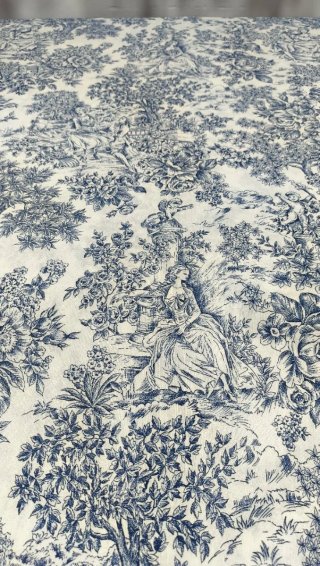 Retal de tela de loneta Toile de Jouy azul y crema