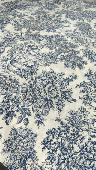 Retal de tela de loneta Toile de Jouy azul y crema