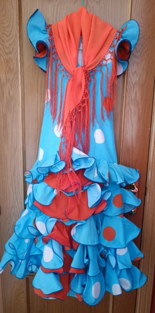 Vestido de Flamenca turquesa/naranja con mantón