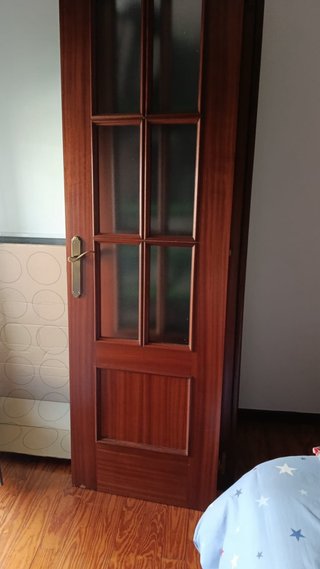 Puerta doble madera maciza con cristal traslúcido.