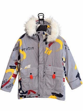 Chaqueta Puffer Graffiti Gris con Capucha de Pelo