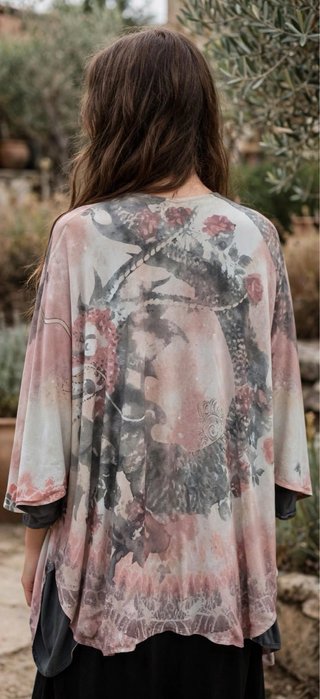 Kimono Boho Largo Floral Rosa Empolvado Talla Únic