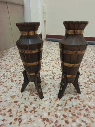 Coppia Porta candele in legno e metallo
