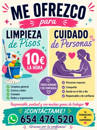 Acompañar personas mayores , limpieza de piso .