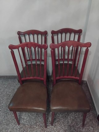 Juego de 4 sillas vintage madera y cuero
