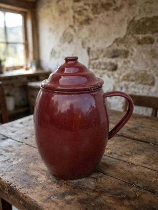 Puchero antiguo esmaltado rojo