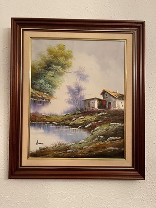 Cuadro al óleo Paisaje Rural con Marco de Madera