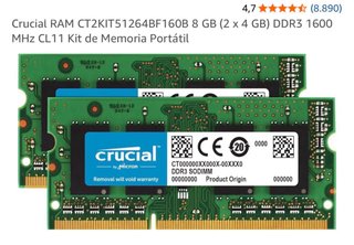 Memoria RAM Crucial 2x4GB DDR3L 1600MHz SODIMM