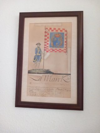 Cuadro militar antiguo con figura y bandera