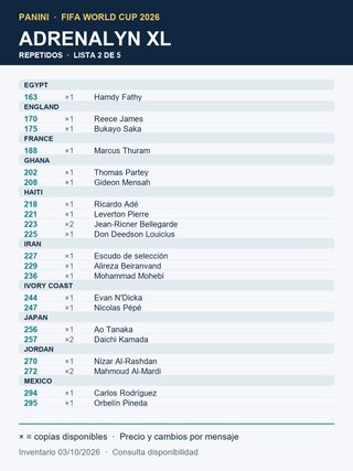 Cromos Adrenalyn XL Mundial 2026 Repetidos