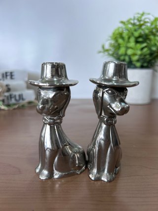Pareja Candelabros Perro Vintage Metal Plateado
