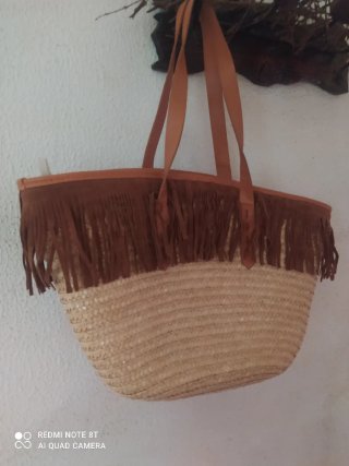 Bolso Capazo Rafia Flecos Piel Marrón