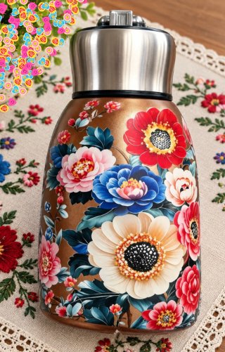 Termo Botella Flores Metálico