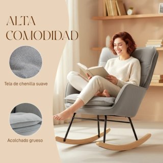 Sedia a dondolo grigia con piedi in legno