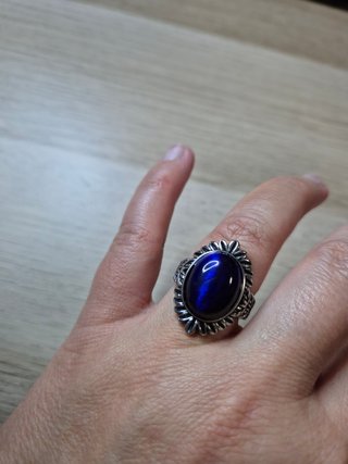 Anillo Ojo de Gato Azul Baño Plata