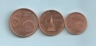 3 Monete Cent Euro Italia. Anno 2004, 2005, 2007 o 2008