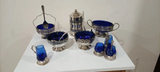 Lotto Vintage Vetro Blu Cobalto Metallo Arg.enps