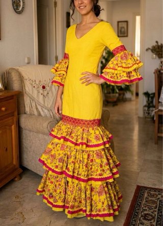 Traje Flamenca Amarillo Cachemir Flores Fucsia