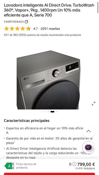 Lavadora LG 9kg Serie 700