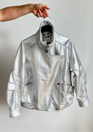 Giacca chiodo in vera pelle ARGENTO "k é k é"