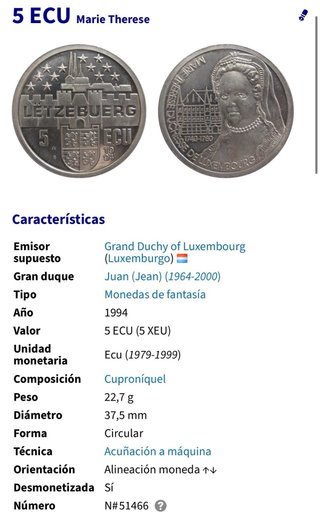 Moneda 5 Ecus Luxemburgo 1994