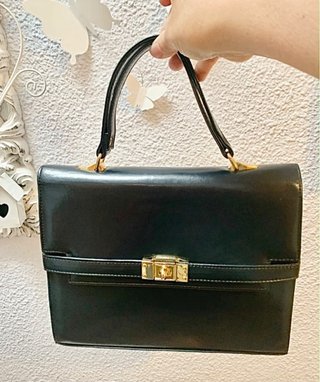 Bolso Vintage Azul Marino Piel Asa Dorada