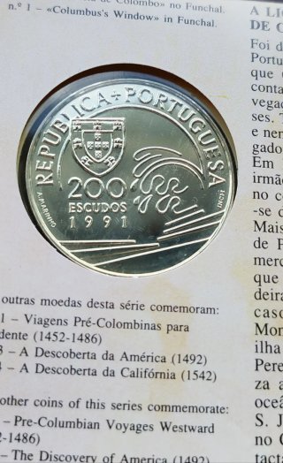 Set Colón y Portugal 1991, 200 escudos plata 0.925