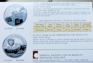 Set Colón y Portugal 1991, 200 escudos plata 0.925