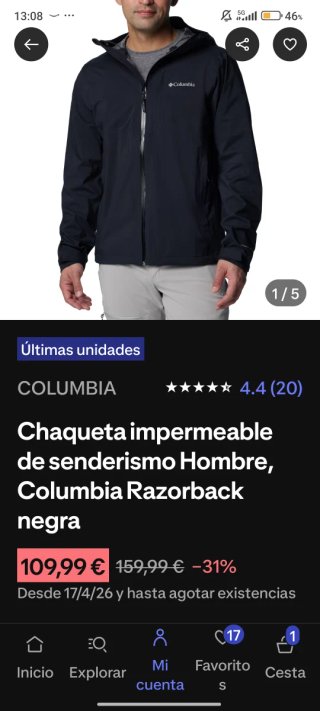 Chaqueta impermeable Columbia Negra Talla L