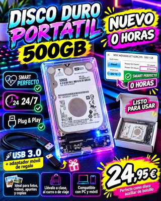 Disco duro externo 500GB USB 3.0 NUEVO 0H + adapt