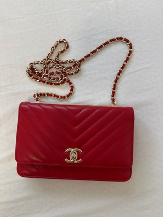 Bolso Chanel Piel Rojo Cadena Dorada
